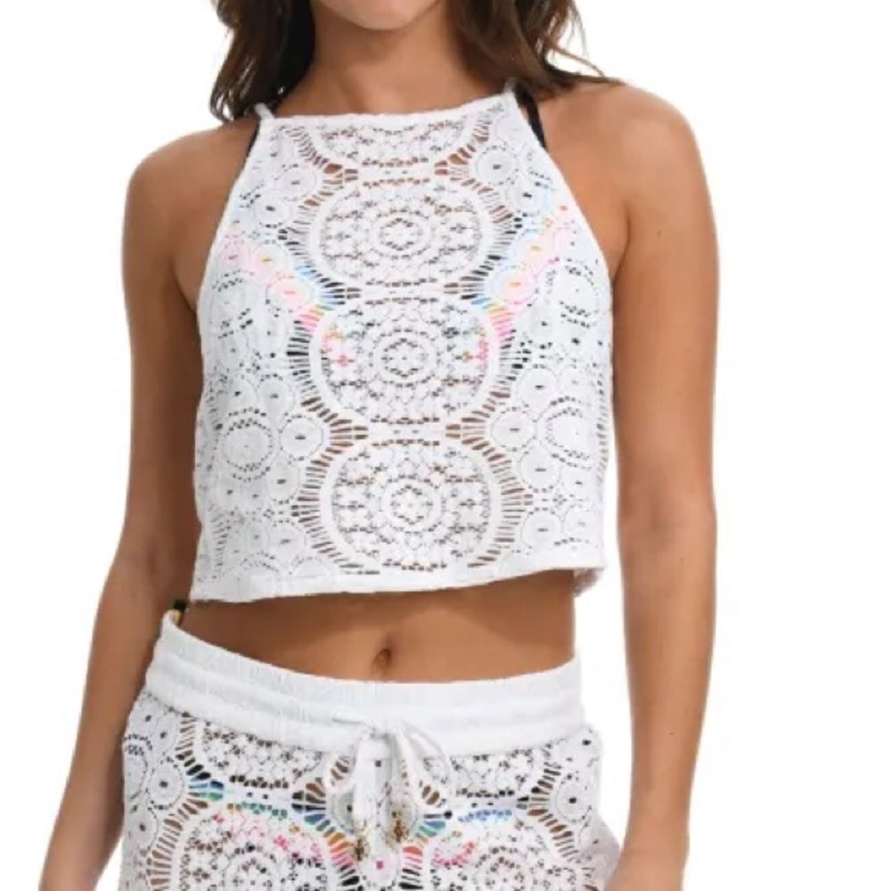 Sunshine 79 Chillin' Crochet High Neck Tank Top - White